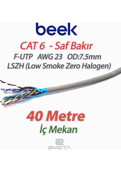 Cat6 40 Metre Saf Bakır F-Utp Iç Mekan Data Kablosu Awg 23 1/0.4tc Od:7.5mm Lszh Gri Renk