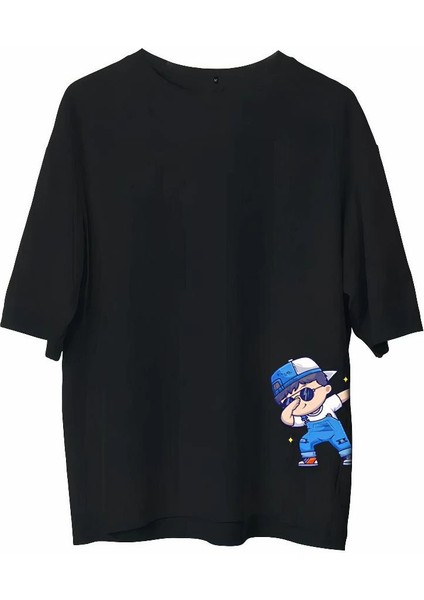 Bisiklet Yaka Baskılı Oversize T-Shirt - Siyah -Vlmr