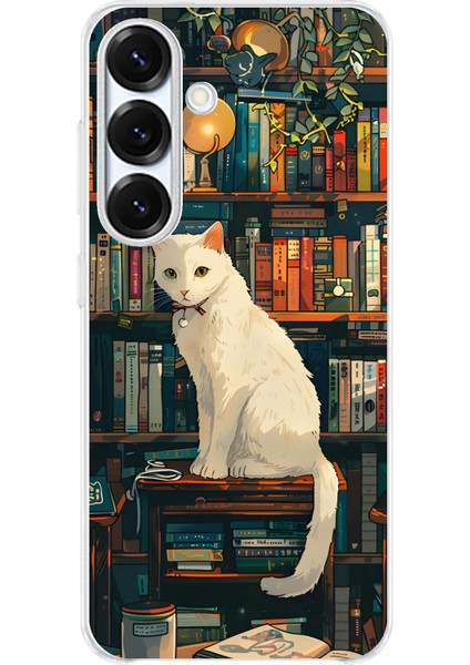 Samsung Galaxy S25 Uyumlu Kitaplık Beyaz Kedi Tasarımlı Baskılı Silikon Kılıf
