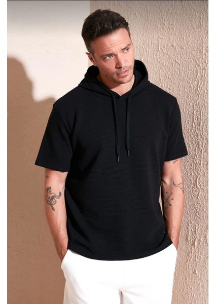 Kapşonlu Kısa Kol Düz Oversize T-Shirt - Siyah -Vlmr indirimleri