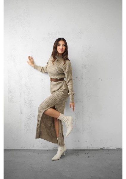 Triko Maxi Boy Kemer Detaylı Elbise