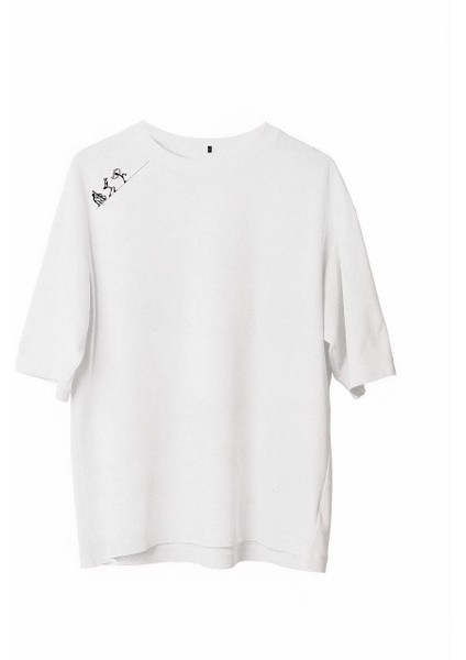 Bisiklet Yaka Baskılı Oversize T-Shirt - Beyaz -Vlmr