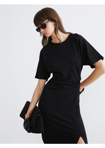 Yeni Sezon Bisiklet Yaka Büzgülü Krep Elbise