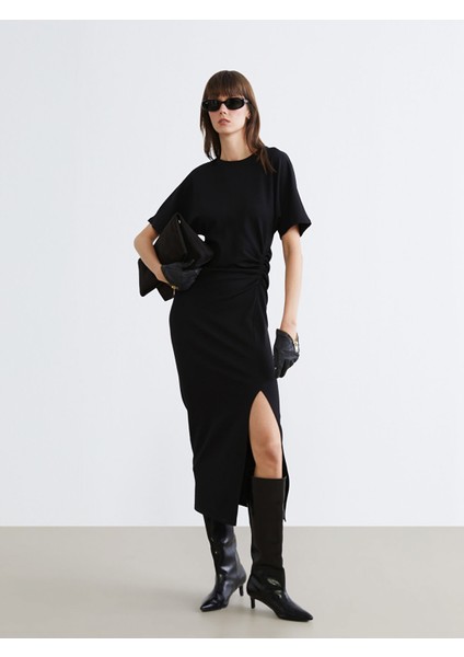 Yeni Sezon Bisiklet Yaka Büzgülü Krep Elbise fiyatları