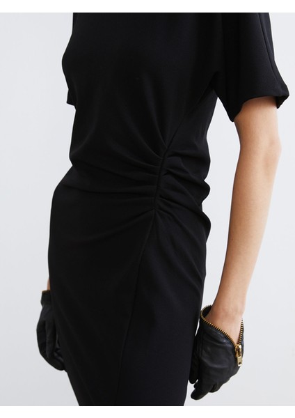 Yeni Sezon Bisiklet Yaka Büzgülü Krep Elbise modelleri