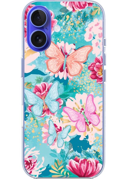 iPhone 16 Uyumlu Kelebekler ve Çiçekler Baskılı Silikon Kılıf