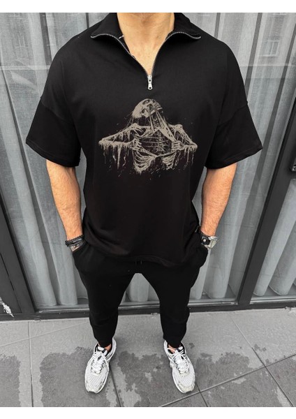Yarım Fermuarlı Baskılı Oversize T-Shirt - Siyah -Vlmr