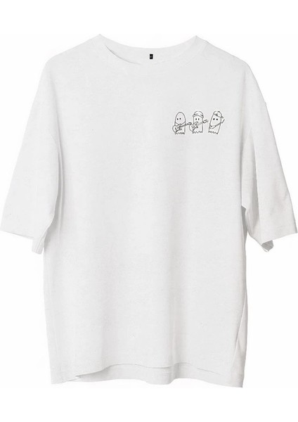 Bisiklet Yaka Baskılı Oversize T-Shirt - Beyaz -Vlmr