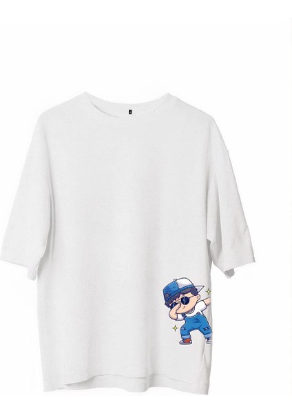 Bisiklet Yaka Baskılı Oversize T-Shirt - Beyaz -Vlmr