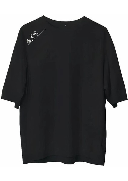 Bisiklet Yaka Baskılı Oversize T-Shirt - Siyah -Vlmr