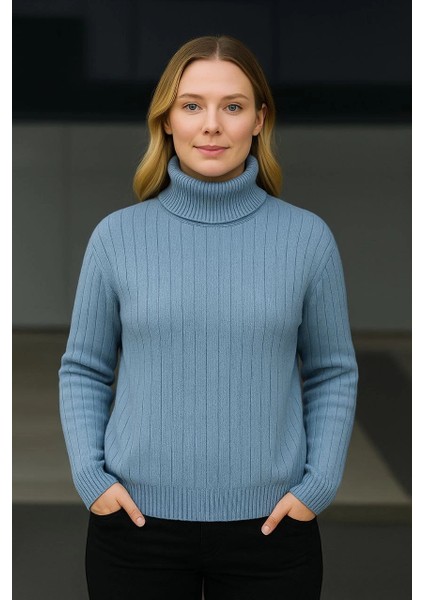 Balıkcı Yaka Bağazlı Triko Kazak Pamuklu Kalın Fitilli Dokuma - Bebek Mavisi modelleri