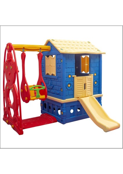 İki Kapılı Çocuk Oyun Evi Seti – Kaydıraklı ve Salıncaklı Aktivite Parkı 24+ Ay Kolay Kurulum Güvenli Malzeme