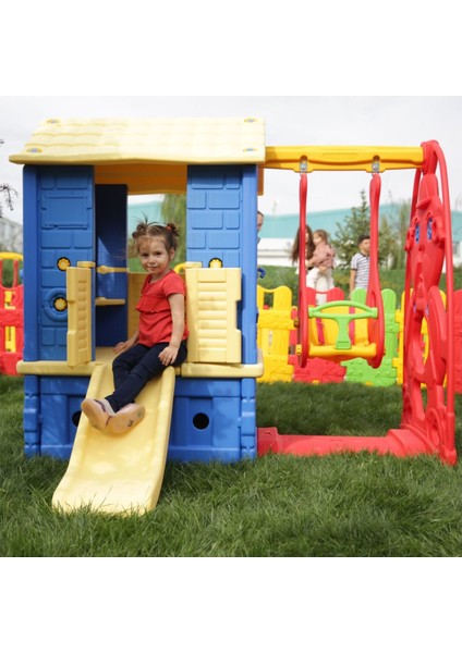 İki Kapılı Çocuk Oyun Evi Seti – Kaydıraklı ve Salıncaklı Aktivite Parkı 24+ Ay Kolay Kurulum Güvenli Malzeme fiyatları