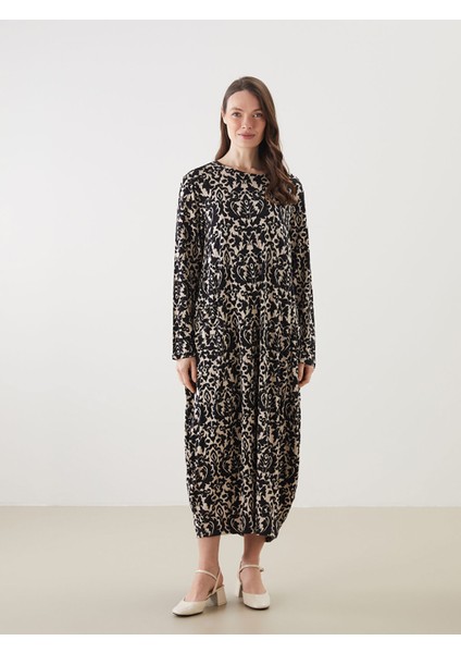 Yeni Sezon Bisiklet Yaka Desenli A Kesim Kadın Elbise