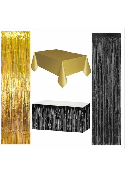 Gold Masa Örtüsü, Siyah Masa Eteği, 1 Adet Gold Arka Fon, 1ADET Siyah Arka Fon
