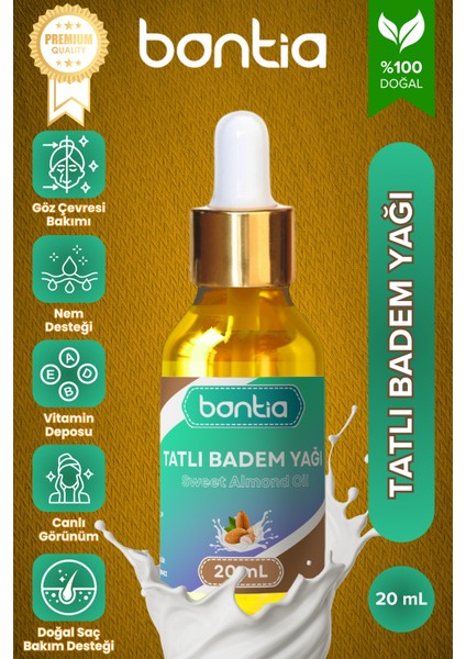 Premium Tatlı Badem Yağı - %100 Saf Soğuk Sıkım - Doğal Saç Güçlendirici ve Cilt Nemlendirici Bakım Desteği
