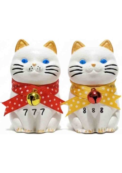Yeni Yıl Maneki Neko Japon Şans Kedisi, Beyaz Seramik, Altın Kulaklı, Çıngıraklı Fiyonklu, 2'li Set, Dekoratif Biblo