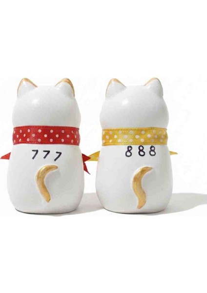 Yeni Yıl Maneki Neko Japon Şans Kedisi, Beyaz Seramik, Altın Kulaklı, Çıngıraklı Fiyonklu, 2'li Set, Dekoratif Biblo fiyatları
