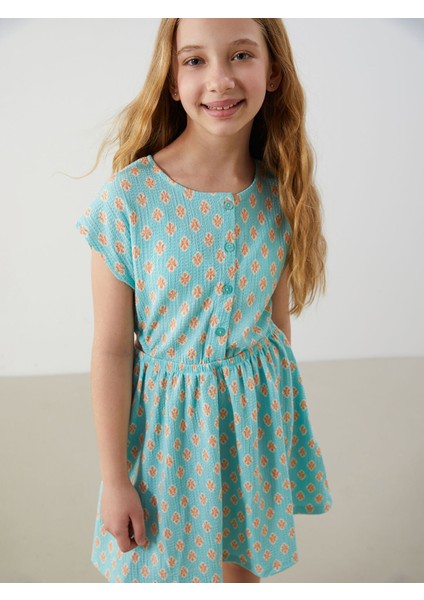 Yeni Sezon Bisiklet Yaka Çiçekli Kız Çocuk Elbise