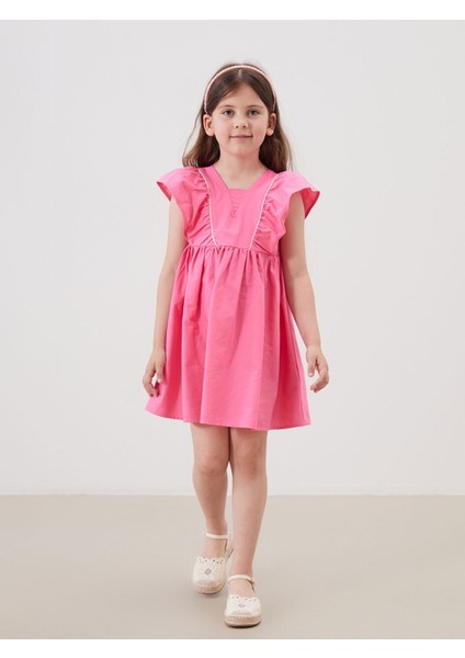 Yeni Sezon Kare Yaka Keten Görünümlü Kız Çocuk Elbise