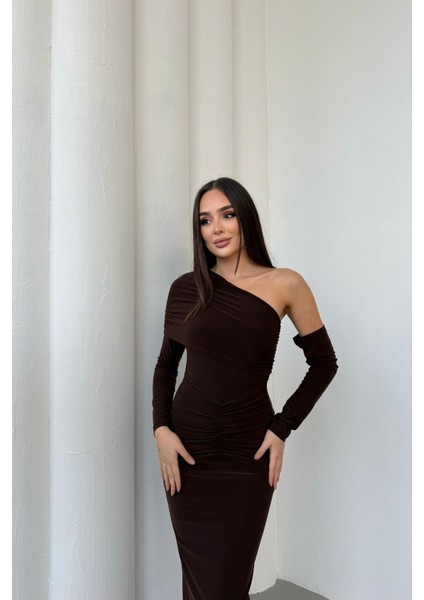 Kadın Drapeli Uzun Kollu Tek Omuz Detaylı Elbise fiyatları