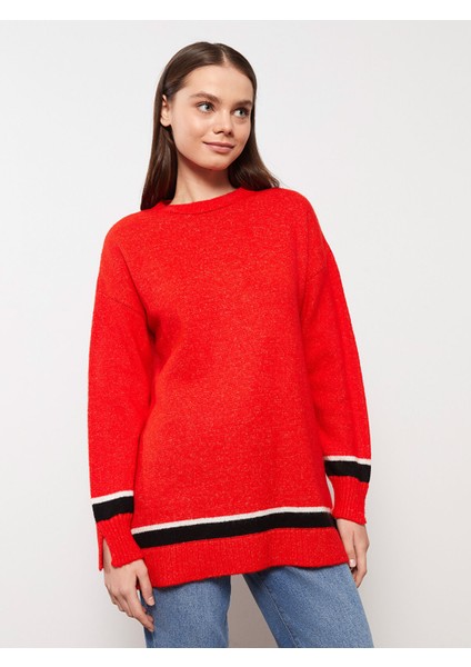 Yeni Sezon Bisiklet Yaka Düz Uzun Kollu Oversize Kadın Triko Tunik