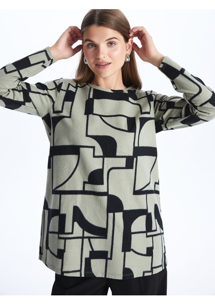 Yeni Sezon Bisiklet Yaka Desenli Uzun Kollu Kadın Tunik