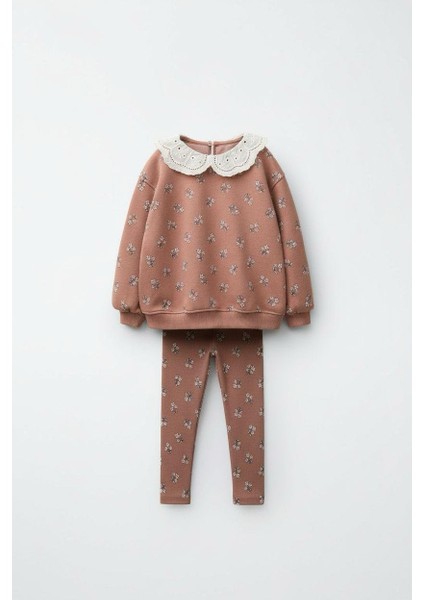 Kız Çocuk Pamuklu Kiremit Çiçek Desenli Dantel Yaka Sweatshirt & Tayt Takım