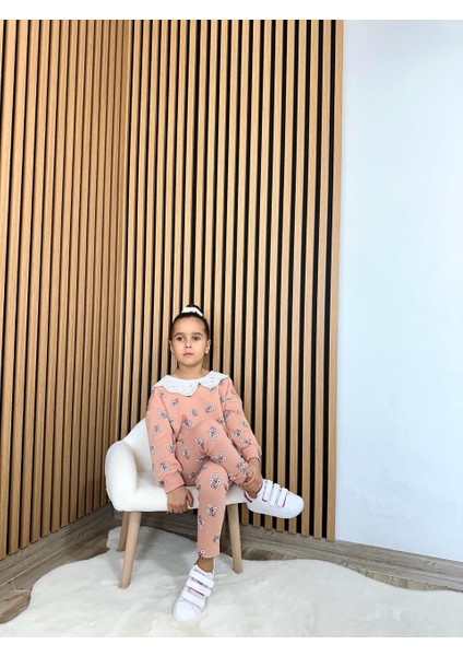 Kız Çocuk Pamuklu Kiremit Çiçek Desenli Dantel Yaka Sweatshirt & Tayt Takım fiyatları