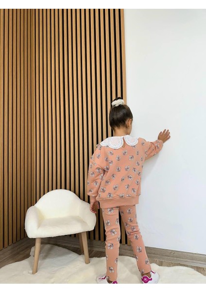 Kız Çocuk Pamuklu Kiremit Çiçek Desenli Dantel Yaka Sweatshirt & Tayt Takım