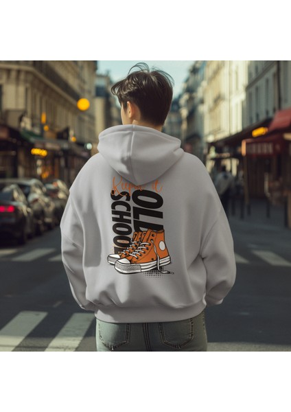 Unisex Sweatshirt Keep It Old School Sloganlı ve Retro Ayakkabı Grafikli Pamuklu Hoodie Sweatshirt