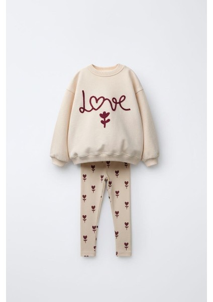 Kız Çocuk Pamuklu Krem Kalp-Çiçek Desenli Sweatshirt & Tayt Takım