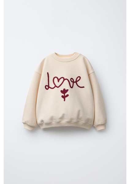 Kız Çocuk Pamuklu Krem Kalp-Çiçek Desenli Sweatshirt & Tayt Takım modelleri