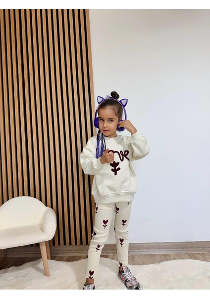 Kız Çocuk Pamuklu Krem Kalp-Çiçek Desenli Sweatshirt & Tayt Takım fırsatları