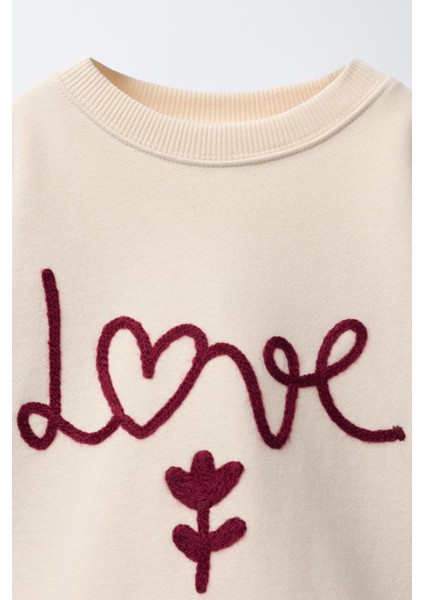 Kız Çocuk Pamuklu Krem Kalp-Çiçek Desenli Sweatshirt & Tayt Takım