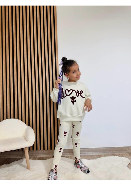 Kız Çocuk Pamuklu Krem Kalp-Çiçek Desenli Sweatshirt & Tayt Takım