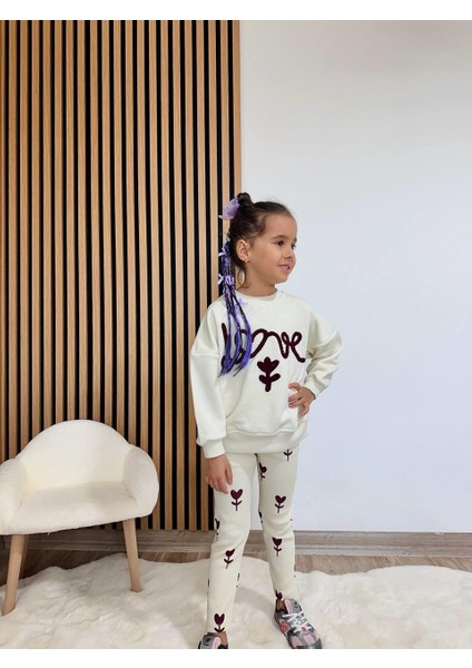 Kız Çocuk Pamuklu Krem Kalp-Çiçek Desenli Sweatshirt & Tayt Takım