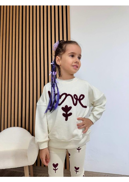 Kız Çocuk Pamuklu Krem Kalp-Çiçek Desenli Sweatshirt & Tayt Takım