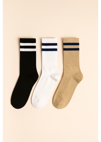 Unisex Çizgi Desenli Soket Çorap Kahverengi Mix