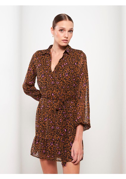 Yeni Sezon Gömlek Yaka Desenli Uzun Kollu Şifon Elbise fiyatları