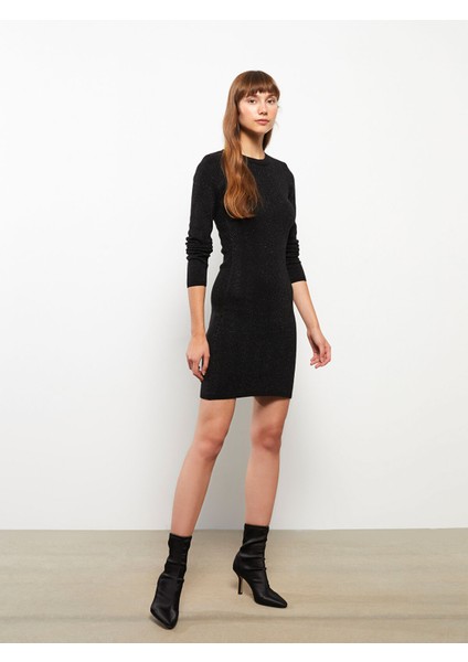 Yeni Sezon Bisiklet Yaka Kendinden Desenli Uzun Kollu Kadın Triko Elbise