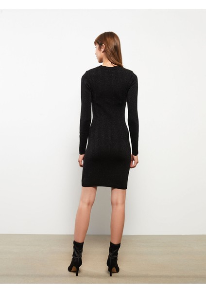 Yeni Sezon Bisiklet Yaka Kendinden Desenli Uzun Kollu Kadın Triko Elbise indirimleri