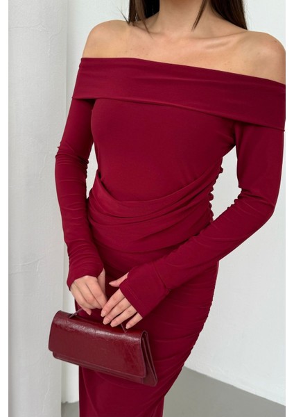 Kadın Drapeli Uzun Kollu Modonna Yaka Parmak Geçirmeli Büzgülü Detaylı Elbise fırsatları