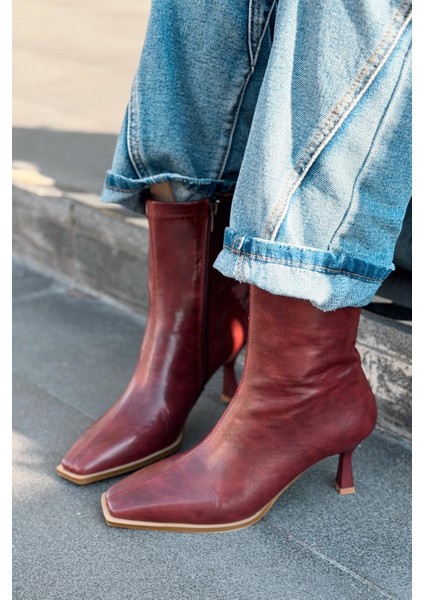 Alderie Kadın Topuklu Bot Bordo Mat Deri