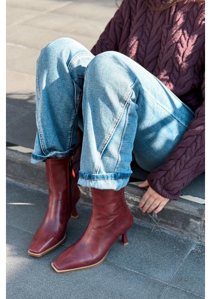 Alderie Kadın Topuklu Bot Bordo Mat Deri fiyatları