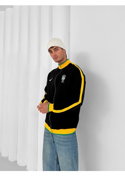 Brezilya Siyah/mavi Fermuarlı Cepli Oversize Pamuklu Hırka