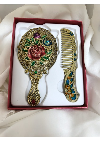 Gül ve Kelebek Motifli Vintage Ayna ve Tarak Seti