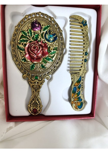 Gül ve Kelebek Motifli Vintage Ayna ve Tarak Seti modelleri