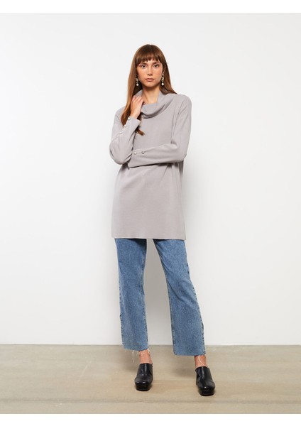 Yeni Sezon Dökümlü Yaka Düz Uzun Kollu Triko Kadın Tunik