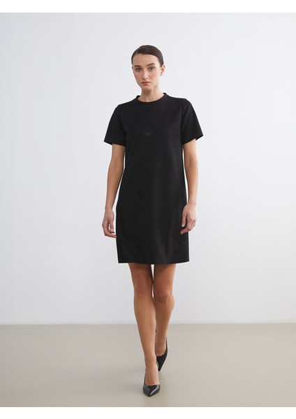 Yeni Sezon Bisiklet Yaka Taşlı Süet Mini Elbise